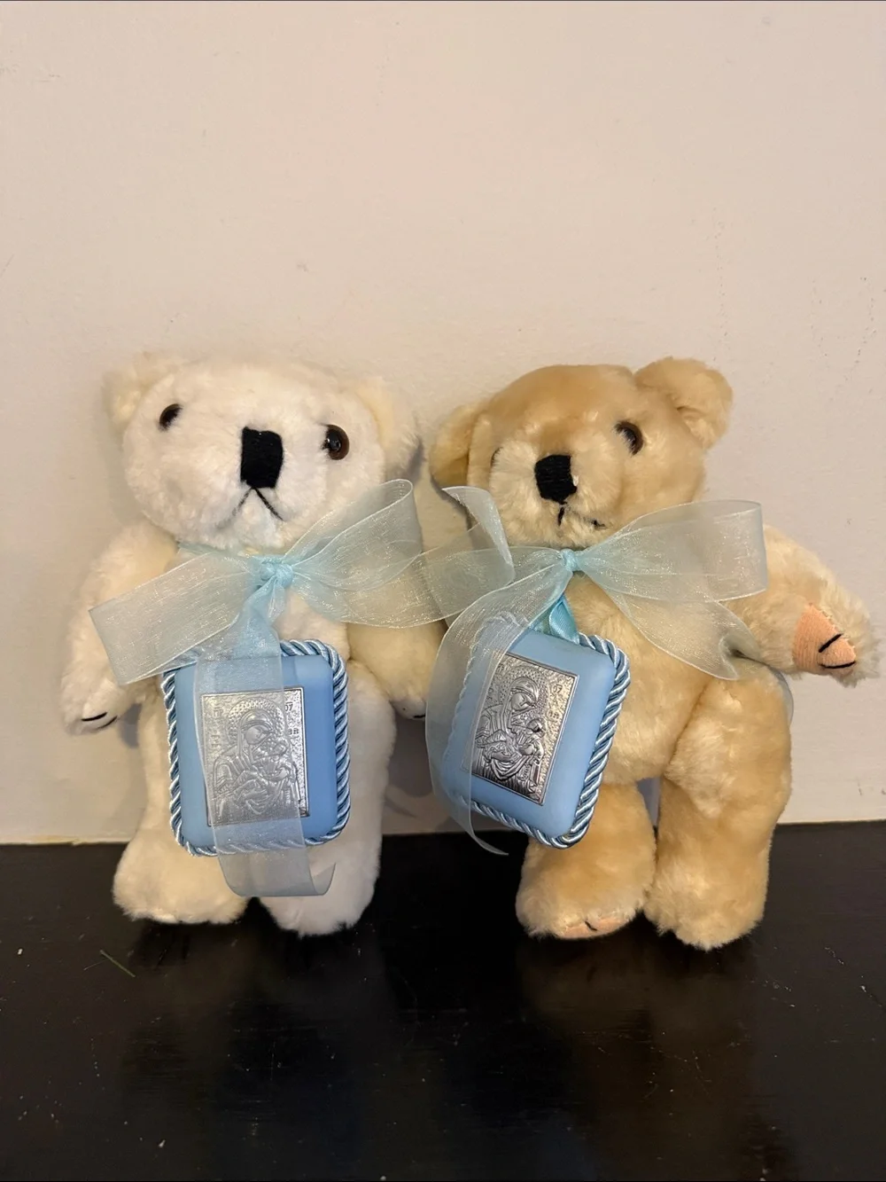 Plush Baby Bear Gift Set with Blue Ribbon - Cream and White